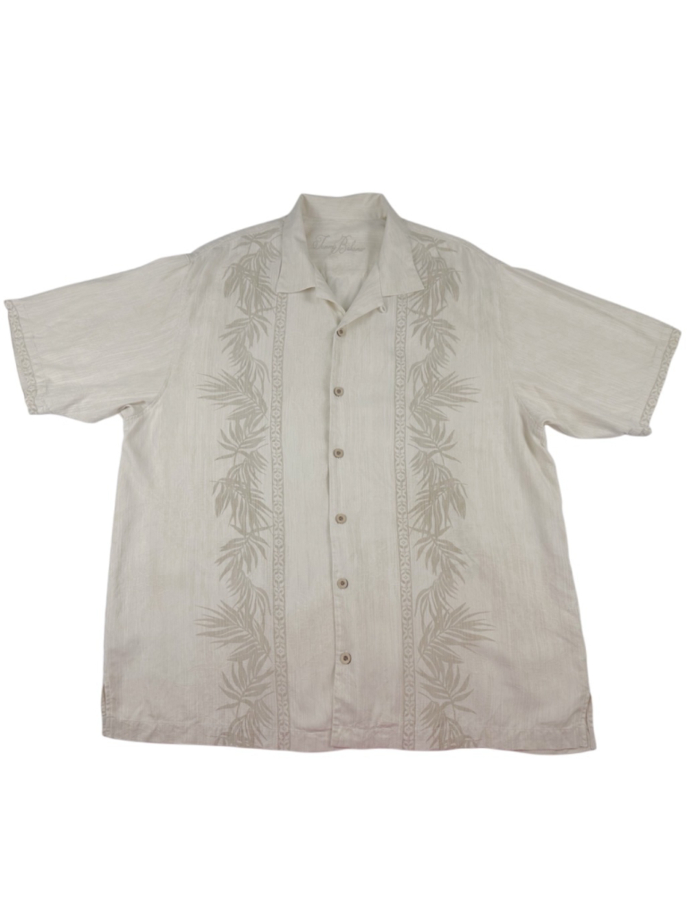Tommy Bahama Silk Camp Shirt Mens XL Ivory Beige Palm Leaf Embroidered Hawaiian